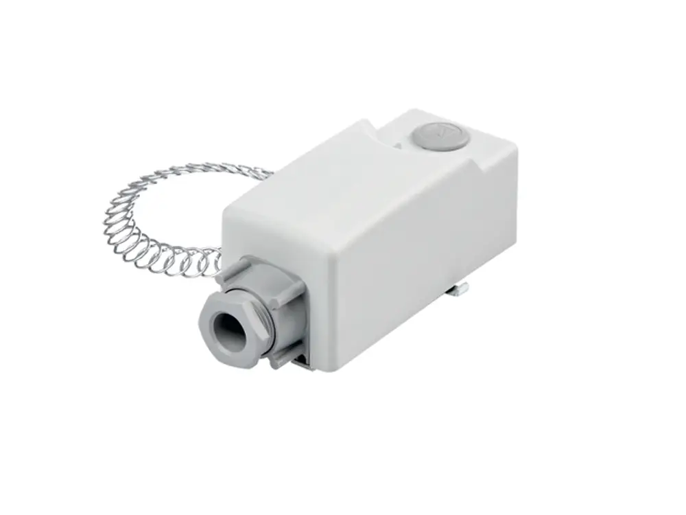 TECE Anlegethermostat in weißem Gehäuse mit einer Anschlussmöglichkeit und einem Sicherheitstemperaturbegrenzer, ausgestattet mit einer Drahtschlaufe zur Befestigung.